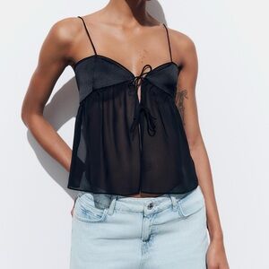 Black Zara lace-up/mesh cami top with tie-up detail